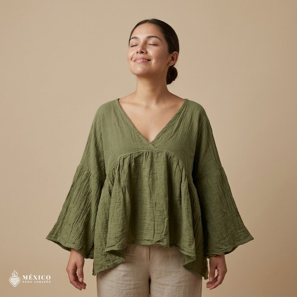Olive Mexican Cotton Gauze Blouse – Loose Fit V-Neck Peasant Tunic for Women